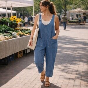 Blue Tides Denim Overalls Size Large Relaxed Tapered Leg Utility Jumpsuit Boho